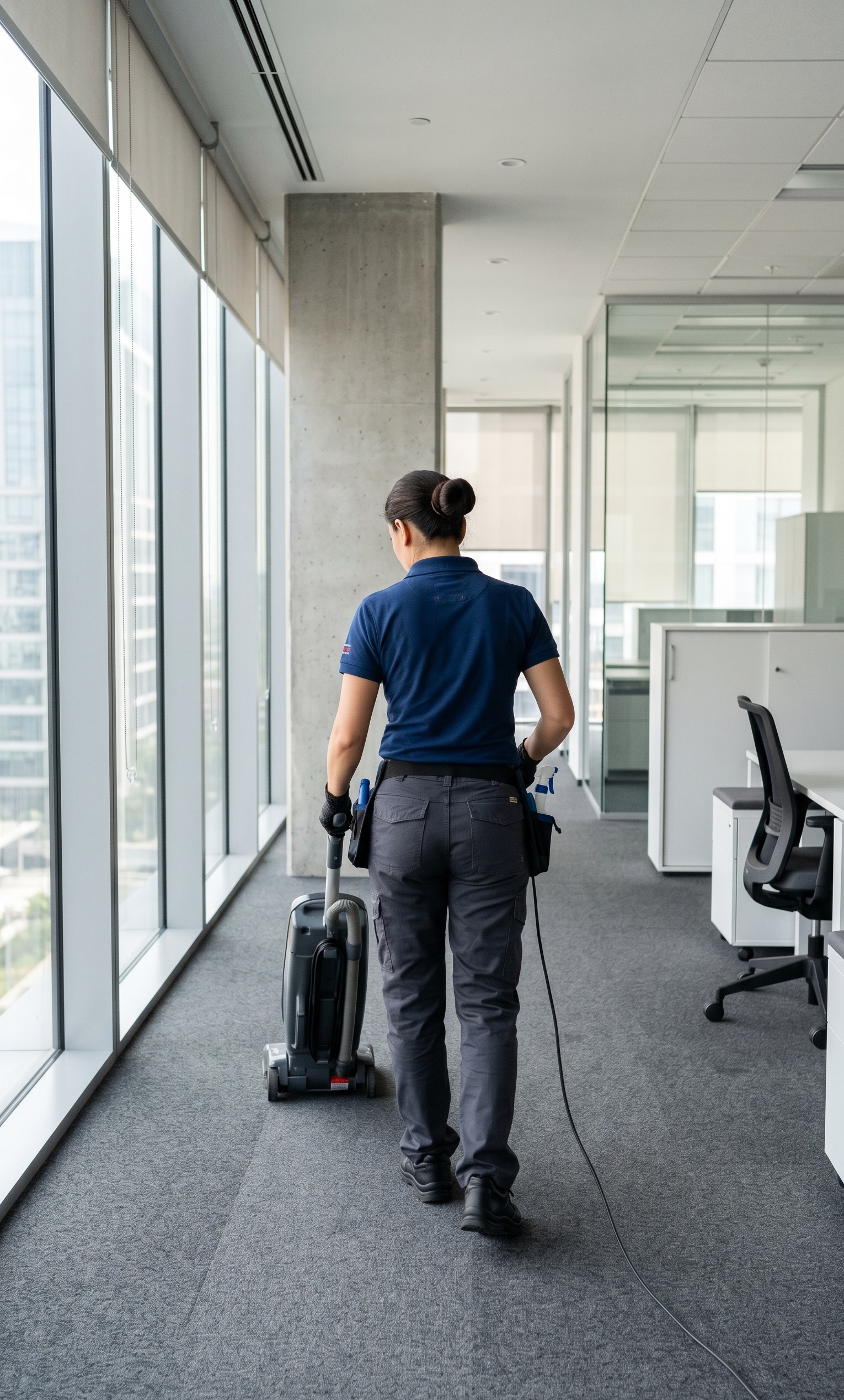 Professional cleaner vacuuming a modern office
